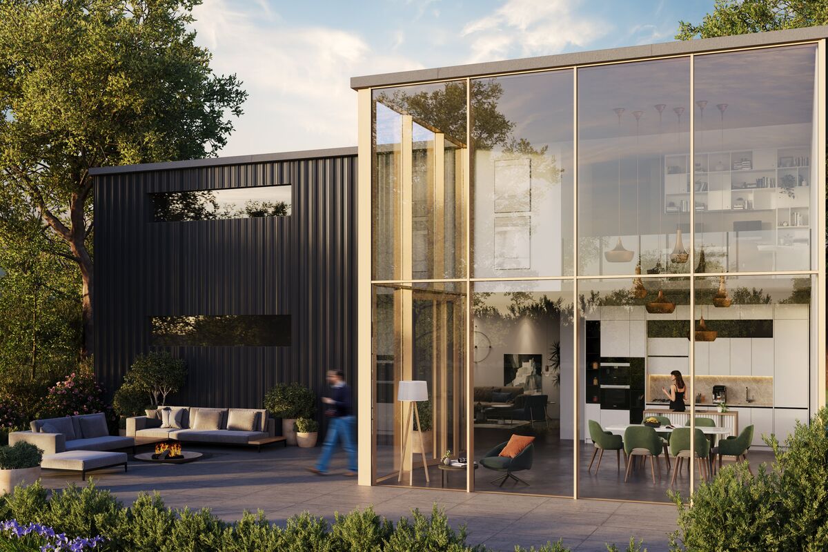 Architectural render di una moderna abitazione privata con facciata in vetro a tutta altezza.
