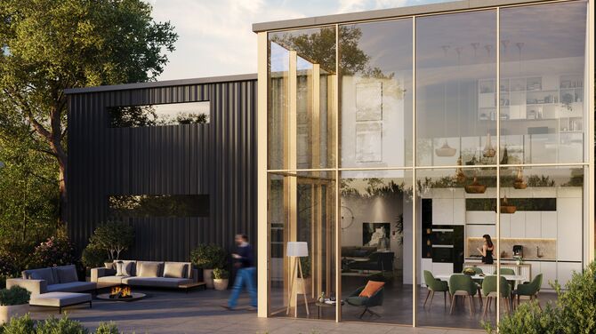 Render architettonico di una casa privata moderna con facciate vetrate dal pavimento al soffitto.